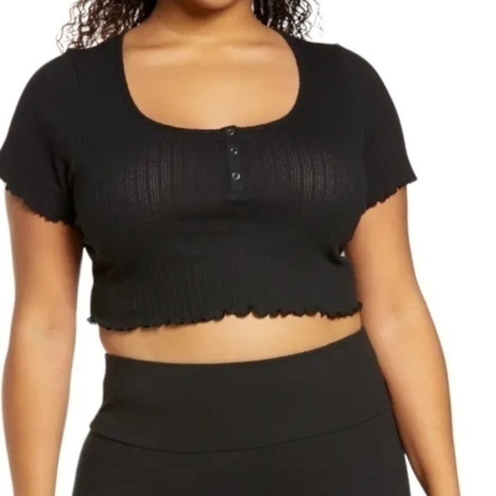 BP Nordstrom Pointelle Ribbed Crop Henley Top Green 3XL